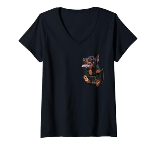 Damen Lustiger Dobermann Hund in Pocket Pinscher Lover T-Shirt mit V-Ausschnitt von Raf THE ARTIST Designs