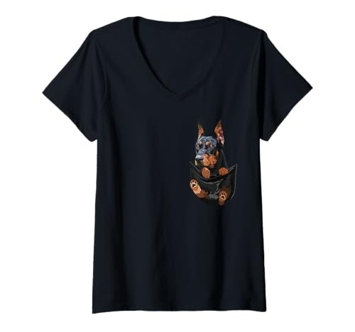 Damen Lustiger Dobermann-Pinscher-Hund in der Tasche T-Shirt mit V-Ausschnitt von Raf THE ARTIST Designs