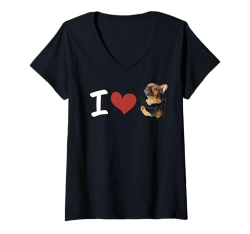 Damen Lustiger Frenchie Hund in der Tasche I Love French Bulldog Lover T-Shirt mit V-Ausschnitt von Raf THE ARTIST Designs