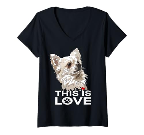 Damen This is Love Chihuahua Chiwawa Hundeliebhaber mit Langen Haaren T-Shirt mit V-Ausschnitt von Raf THE ARTIST Designs