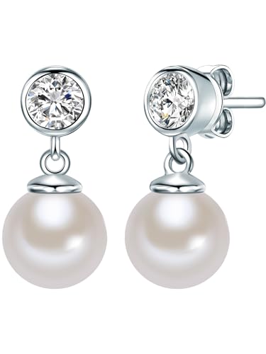 Rafaela Donata Damen-Ohrstecker 925/- Sterling Silber Zirkonia und Muschelkernperle 8 mm Weiß Rund - Perlenohrschmuck Perlenohrhänger Silberohrstecker von Rafaela Donata