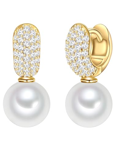 Rafaela Donata Damen Creolen aus 925/- Sterling Silber gelbvergoldet mit Rund Muschelkernperle 10 mm und Zirkonia weiß - Perlencreole Perlenohrhänger von Rafaela Donata