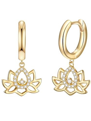 Rafaela Donata Damen Creolen aus 925/- Sterling Silber gelbvergoldet 14 Karat mit Lotusblüte Anhänger und Zirkonia weiß von Rafaela Donata