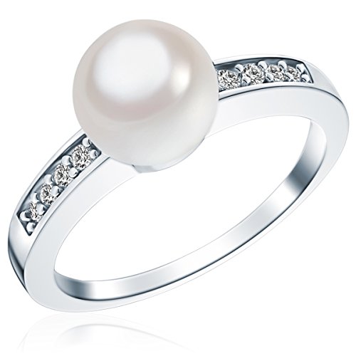 Rafaela Donata Damen-Ring 925/- Sterling Silber mit Muschelkernperle 8 mm Rund Weiß und Zirkonia - Silberring mit Perle und Zirkonia Perlenring von Rafaela Donata