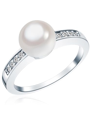 Rafaela Donata Damen-Ring 925/- Sterling Silber mit Muschelkernperle 8 mm Rund Weiß und Zirkonia - Silberring mit Perle und Zirkonia Perlenring von Rafaela Donata