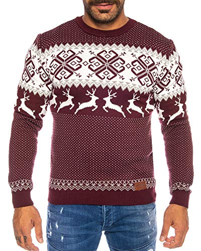 Raff&Taff Herren Feinstrick Pullover Langarmshirt Longsleeve Renntier Weihnachtspullover Eiskristalle Rundhals (4XL~56/58, Weinrot(28)) von Raff&Taff