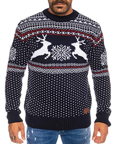 Raff&Taff Herren Feinstrick Pullover Langarmshirt Longsleeve Renntier Weihnachtspullover Eiskristalle Rundhals (5XL~58/60, Nevi(306)) von Raff&Taff