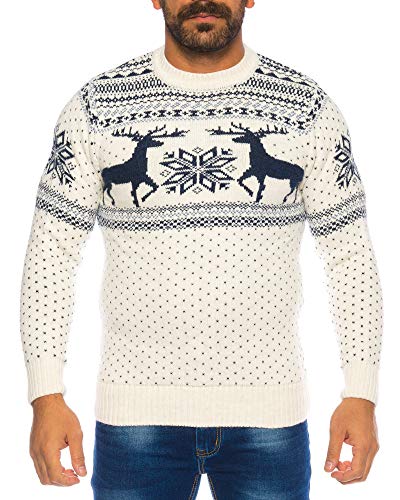 Raff&Taff Herren Strickpullover Sweater Hoodie Wollpullover | M - 5XL | Norweger Island Pullover Weihnachten Winter (Weiß/Blau Hirsch, 3XL) von Raff&Taff