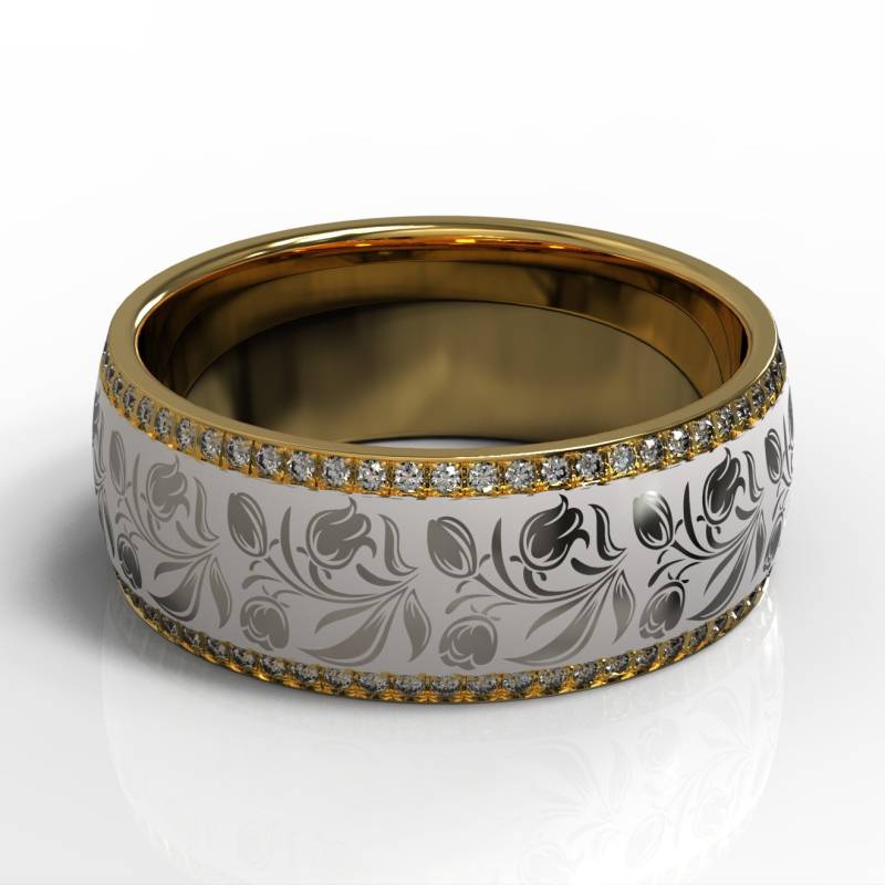 14K Wedding Ring Zweireihig Goldener Trauring Mit Blumenmuster Und Emaille von Raffancy