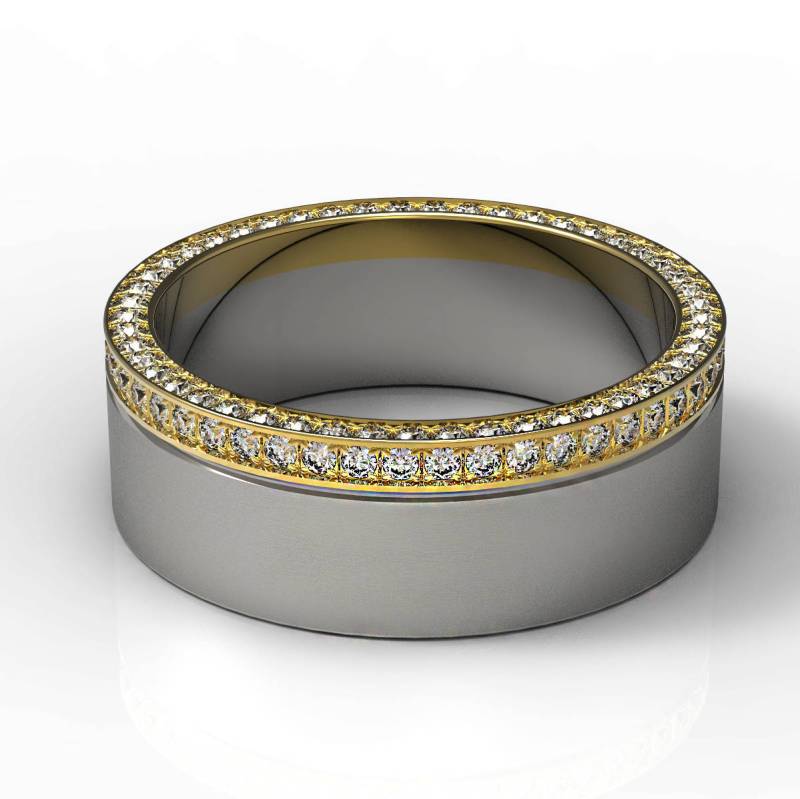 Atemberaubender Zweifarbiger 14 K Gold Ehering Pave Set Diamant Seitlich Gefasst Band Flach Gebürstet Weiß Und Gelb von Raffancy