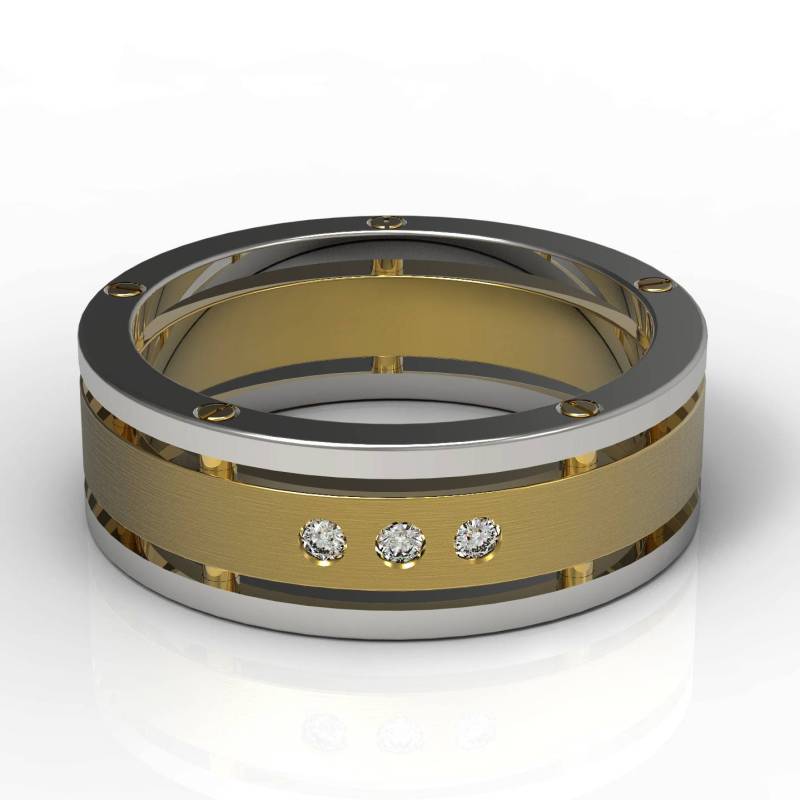 Attraktiver 14 K Gold Dreifach-Band Ehering Mit Schrauben Design Zweifarbiger Diamant Bolzen Akzente Herren Eheringe von Raffancy