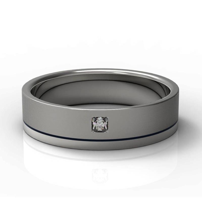 Auffälliger 14K Gold Ehering Prinzessin Diamant Flach Gebürstet Und Glänzend Poliert Blaues Glas Emaille von Raffancy