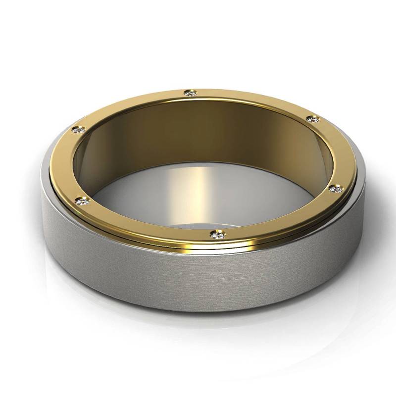 Charmante Doppelte Schicht 14 K Weißgold Und Gelbgold Ehering Seitliche Steine Lünette Fassung Flach Matt Zweifarbig Gold Eheringe von Raffancy