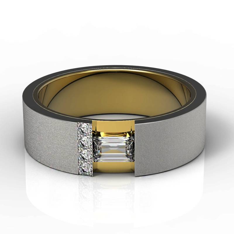 Doppelschicht 14K Zweifarbig Gold Ehering Smaragdschliff Diamant Lünette Set Matt Gebürstet von Raffancy