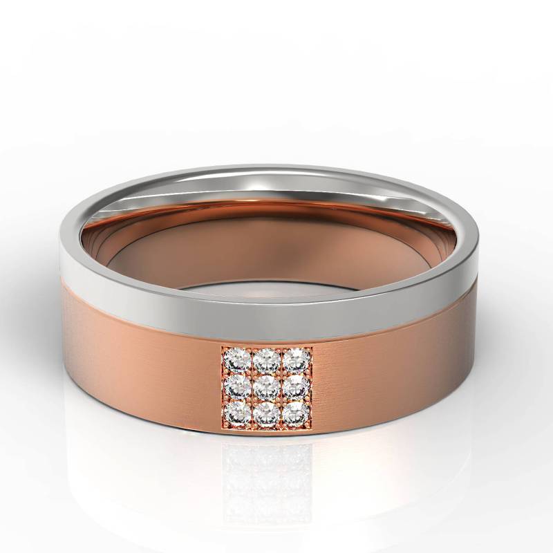 Entzückender Zweifarbiger 14K Gold Ehering Pave Set Diamant Flach Gebürstet Weiß Und Gelb Roségold von Raffancy