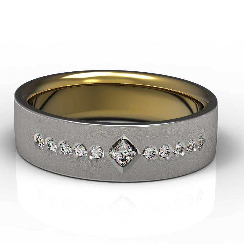 Faszinierender Zweilagiger 14 K Weiß - Und Gelbgold-Ehering in Lünette Mit Diamant Im Princess Cut von Raffancy