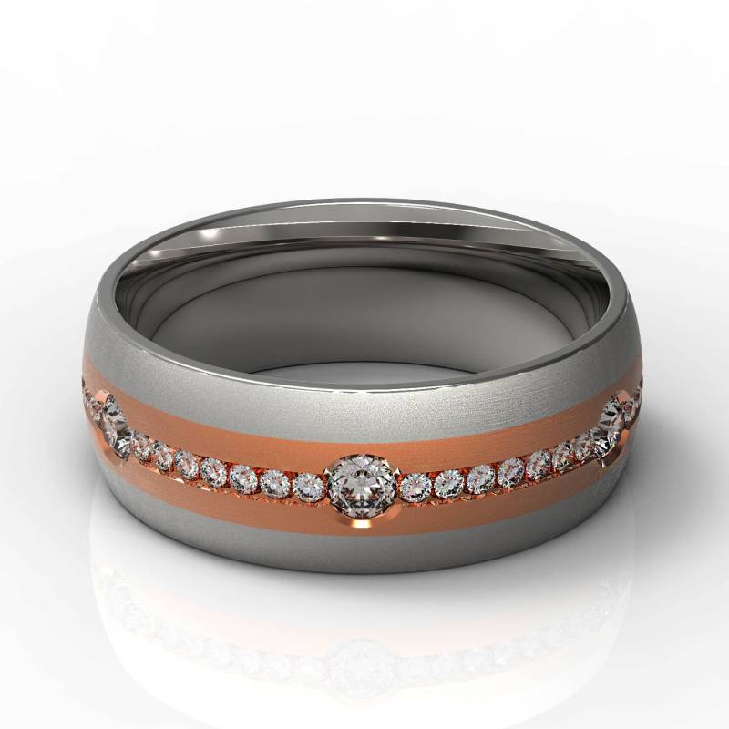 Luxuriöser Zweifarbiger 14K Gold Ehering Mit Kanalset Diamant Gebürstet Weiß Und Gelb Roségold von Raffancy