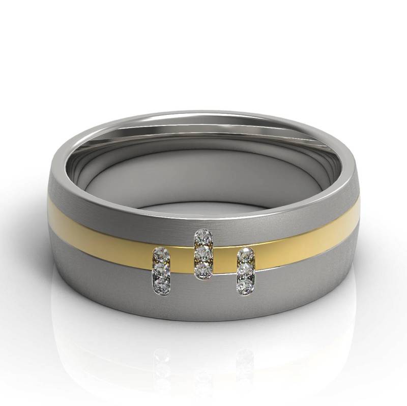 Spektakulärer 14 Karat Zweifarbiger Gold Ehering Kanal Gefasster Diamantring Flach Gebürstet Und Glänzend Poliert Abgeschrägter von Raffancy