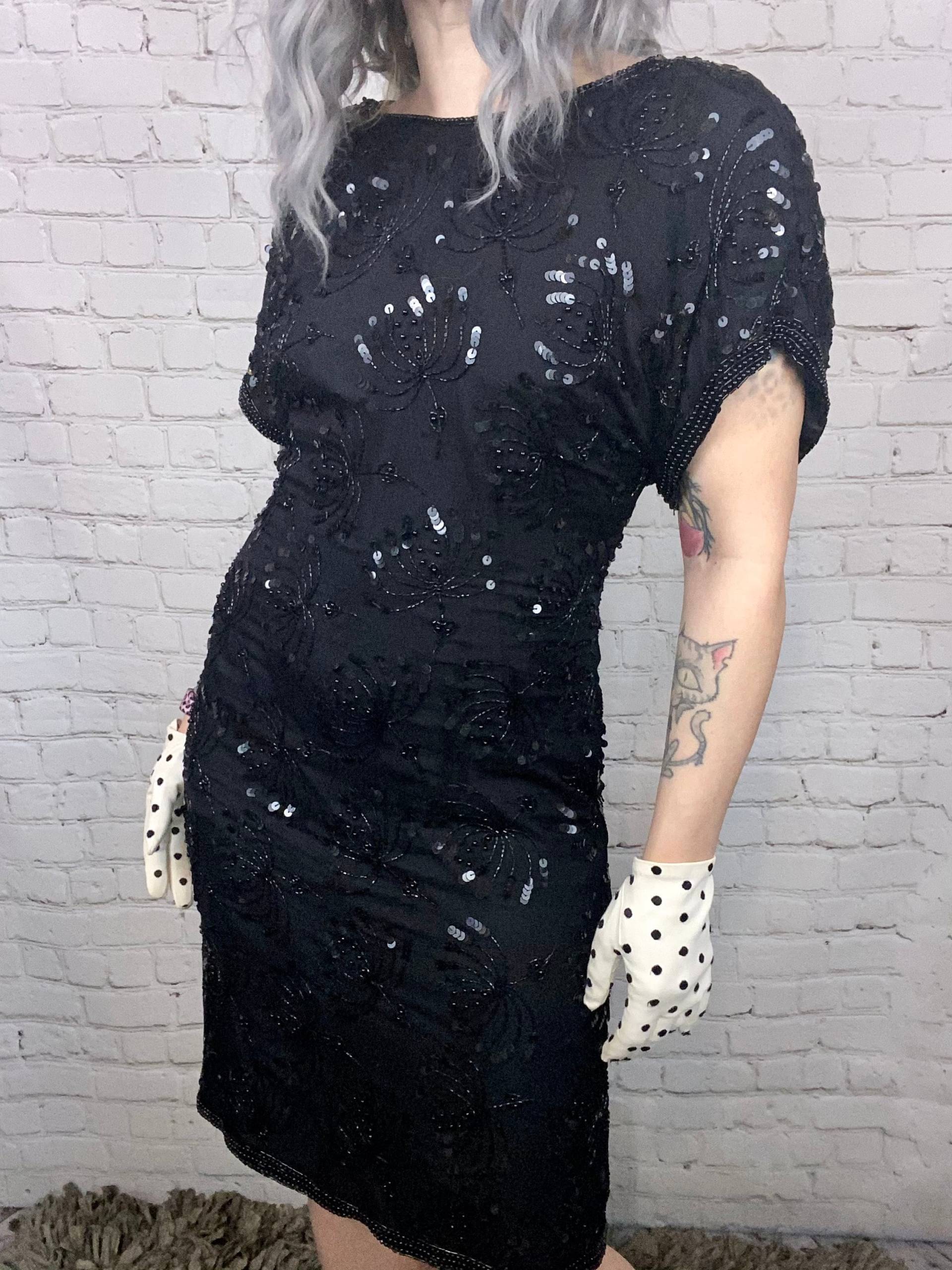 Vintage Schwarzes Seiden-Chiffon-Kleid Mit Pailletten Aus Den 60Er Jahren von RagLuxe