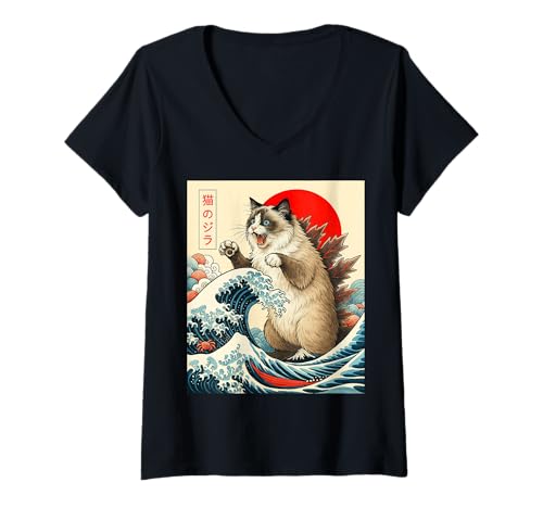 Damen Catzilla Ragdoll Cat, japanische Kunst, lustige Katzengeschenke T-Shirt mit V-Ausschnitt von Ragdoll Cat Japanese Art Funny Cat Gifts Tee