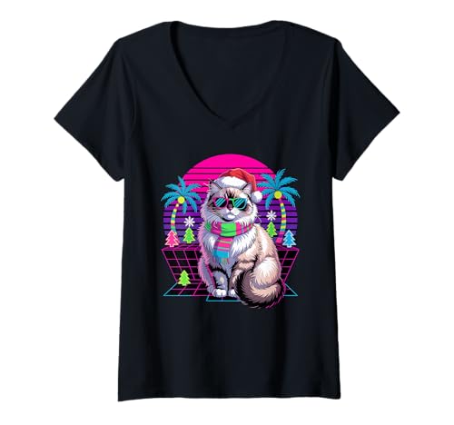 Damen Christmas Synthwave Ragdoll Cat Sunglasses Ragdolls T-Shirt mit V-Ausschnitt Damen Christmas Synthwave Ragdoll Cat Sunglasses Ragdolls T-Shirt mit V-Ausschnitt von Ragdoll Cat Lover Gifts