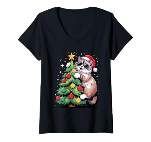 Damen Christmas Tree Ragdoll Cat Sunglasses Ragdolls T-Shirt mit V-Ausschnitt Damen Christmas Tree Ragdoll Cat Sunglasses Ragdolls T-Shirt mit V-Ausschnitt von Ragdoll Cat Lover Gifts