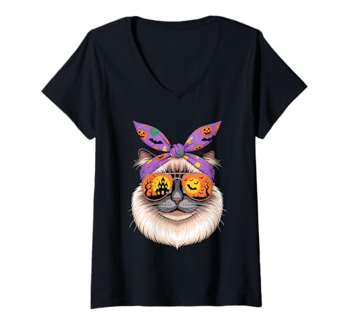 Damen Halloween Ragdoll Cat Bandana Ragdolls Puppy Cats T-Shirt mit V-Ausschnitt Damen Halloween Ragdoll Cat Bandana Ragdolls Puppy Cats T-Shirt mit V-Ausschnitt von Ragdoll Cat Lover Gifts