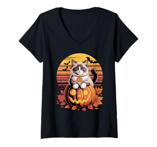 Damen Halloween Retro Ragdoll Cat Ragdolls Puppy Cats T-Shirt mit V-Ausschnitt Damen Halloween Retro Ragdoll Cat Ragdolls Puppy Cats T-Shirt mit V-Ausschnitt von Ragdoll Cat Lover Gifts