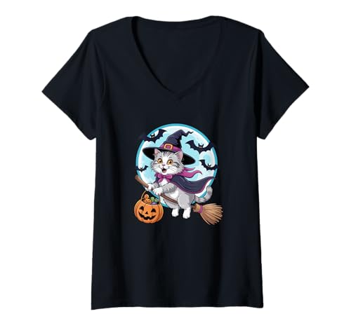 Damen Halloween Witch Ragdoll Moon T-Shirt mit V-Ausschnitt Damen Halloween Witch Ragdoll Moon T-Shirt mit V-Ausschnitt von Ragdoll Cat Lover Gifts