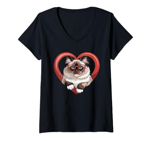 Damen Herz Ragdoll Cat Brille Ragdolls T-Shirt mit V-Ausschnitt Damen Herz Ragdoll Cat Brille Ragdolls T-Shirt mit V-Ausschnitt von Ragdoll Cat Lover Gifts
