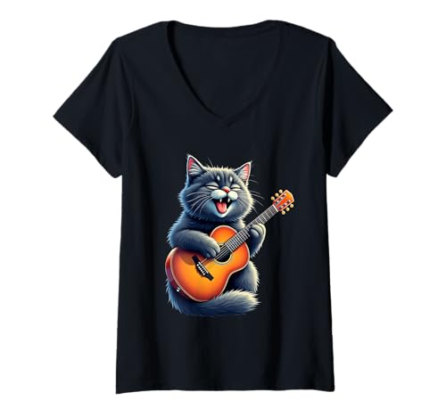 Damen Ragdoll Katze spielt Gitarre Design Lustige Ragdoll Katze T-Shirt mit V-Ausschnitt Damen Ragdoll Katze spielt Gitarre Design Lustige Ragdoll Katze T-Shirt mit V-Ausschnitt von Ragdoll Cat Lovers Designs