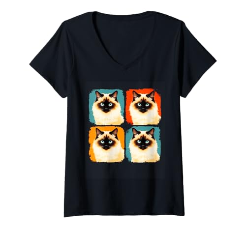 Damen Ragdoll Cat Pop Art Lustig für Katzenbesitzer und Liebhaber T-Shirt mit V-Ausschnitt von Ragdoll Cat Pop Art Feline Lover Owner Gifts