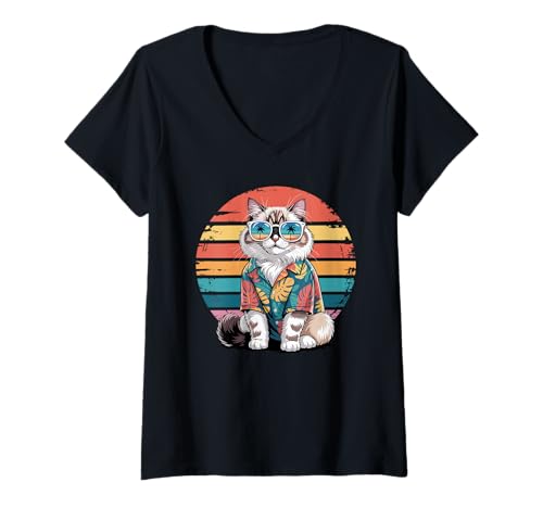 Damen Ragdoll Cat Sonnenbrille Hawaii Strand Sommer T-Shirt mit V-Ausschnitt Damen Ragdoll Cat Sonnenbrille Hawaii Strand Sommer T-Shirt mit V-Ausschnitt von Ragdoll Lover Gifts