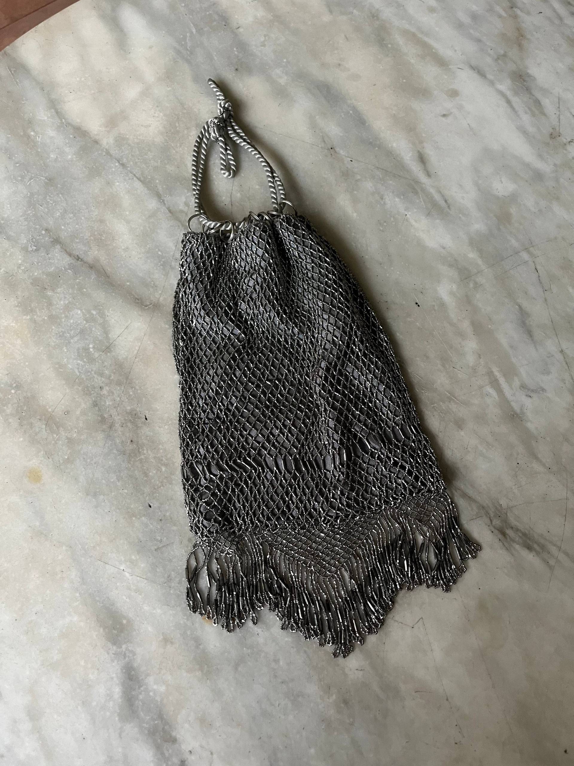 Cut Steel Bead Reticule On Lavender Silk von Ragslinenandlace