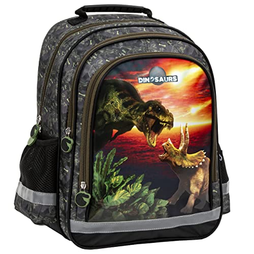 Kinder Jungen Rucksack Kinderrucksack mit coolem Dinosaurier Dino T-Rex Motiv, mit zwei großen Fächern, Fronttasche und seitlichen Getränkenetzen, 38 x 28 x 18 cm, schwarz/grün von Ragusa-Trade