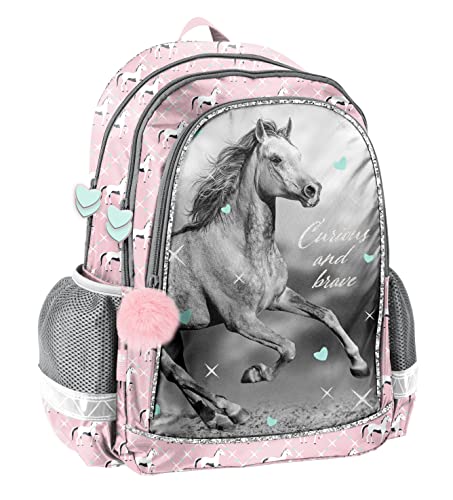 Pferde Fan Rucksack Kinderrucksack für Jungen und Mädchen (23KO) mit DREI größen Fächern und seitlichen Getränkenetzen, 42 x 30 x 18 cm, rosa/grau von Ragusa-Trade