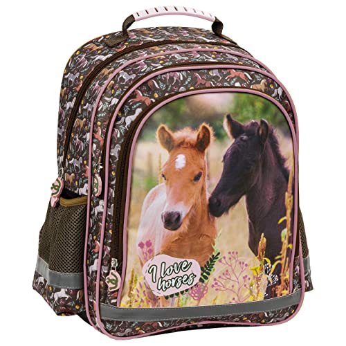 Pferde Fan Rucksack Kinderrucksack für Jungen und Mädchen mit zwei großen Fächern, Fronttasche und seitlichen Getränkenetzen, 38 x 28 x 18 cm, braun/rosa von Ragusa-Trade