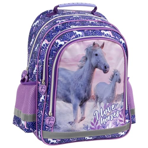 Pferde Fan Rucksack Kinderrucksack für Jungen und Mädchen mit zwei großen Fächern und seitlichen Getränkenetzen, 39 x 29 x 17 cm, blau/rosa von Ragusa-Trade