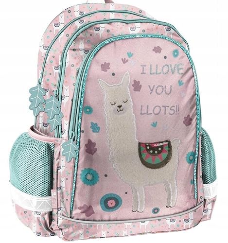 Ragusa-Trade Hola Lama Ergonomischer Rucksack Kinderrucksack für Jungen und Mädchen mit DREI größen Fächern und seitlichen Getränkenetzen, 42 x 30 x 18 cm, rosa/türkis von Ragusa-Trade