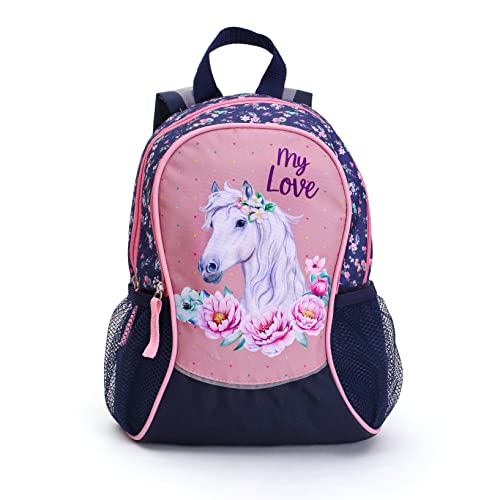 Ragusa-Trade Mädchen Kinder Rucksack Kinderrucksack mit tollem Pferde Motiv Motiv (81863) mit Hauptfach und Nebenfach, Getränkenetz, 35 x 27 x 15 cm, blau/rosa von Ragusa-Trade