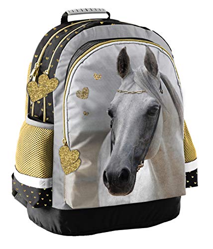 Ragusa-Trade Pferde Fan Rucksack Kinderrucksack für Jungen und Mädchen (19H-116) mit DREI größen Fächern und seitlichen Getränkenetzn, 42 x 29 x 17 cm, anthrazit/grau/Gold von Ragusa-Trade