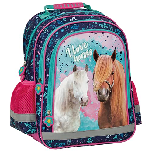 Pferde Fan Rucksack Kinderrucksack für Jungen und Mädchen mit zwei großen Fächern, Fronttasche und seitlichen Getränkenetzen, 38 x 28 x 18 cm, blau/rosa/türkis von Ragusa-Trade