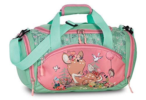 Umhängetasche Sporttasche Kinder Reisetasche mit REH Rehkitz Blumen Vögeln Igel für Mädchen & Jungen - 14,2 Liter - 35 x 22 x 18,5 cm, rosa/türkis von Ragusa-Trade