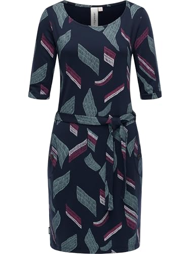 Ragwear Damen Kleid Midikleid mit 3/4-Ärmel Elegantes Blusenkleid mit Taillenband Kenisha Print Navy Gr. XXL von Ragwear