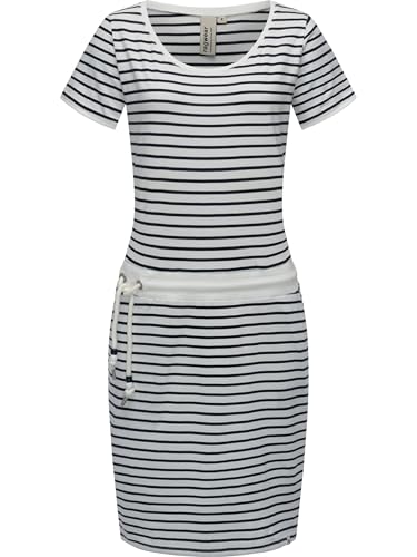 Ragwear Damen Kurzarm Sommerkleid kurzes Minikleid mit Taillenkordel, Streifenmuster und Taschen Baomi YOUMODO White Gr. L von Ragwear