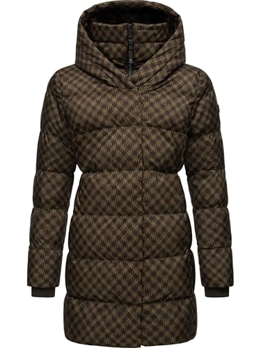 Ragwear Damen Langer Wintermantel mit Kapuze Warmer Steppmantel mit angesagtem Hahnentritt Muster wasserdicht und atmungsaktiv Niara Print YOUMODO Brown Gr. XL von Ragwear