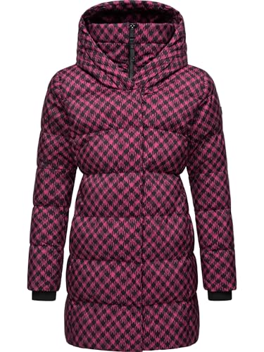 Ragwear Damen Langer Wintermantel mit Kapuze Warmer Steppmantel mit angesagtem Hahnentritt Muster wasserdicht und atmungsaktiv Niara Print YOUMODO Fuchsia Gr. L von Ragwear