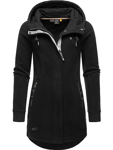 Ragwear Damen Leichter Fleece-Übergangsmantel lang windabweisend mit Kapuze Letti Fleece Black Gr. S von Ragwear