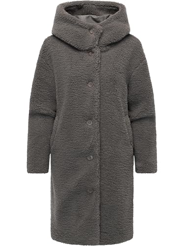 Ragwear Damen Teddy-Fleecejacke langer Übergansmantel mit Knopfleiste und Kapuze Joonie YOUMODO Stone Grey Gr. L von Ragwear