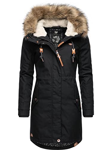 Ragwear Damen Wintermantel Warmer Parka lang mit abnehmbarem Kunstfell Tawny Black22 Gr. L von Ragwear